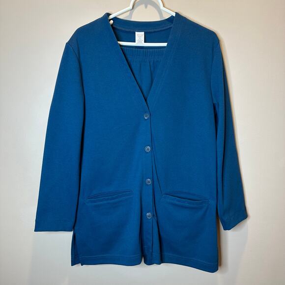 Lands' End Blue Button Up Cardigan & Matching Skirt Set Womens Petite Size MP - Picture 1 of 11